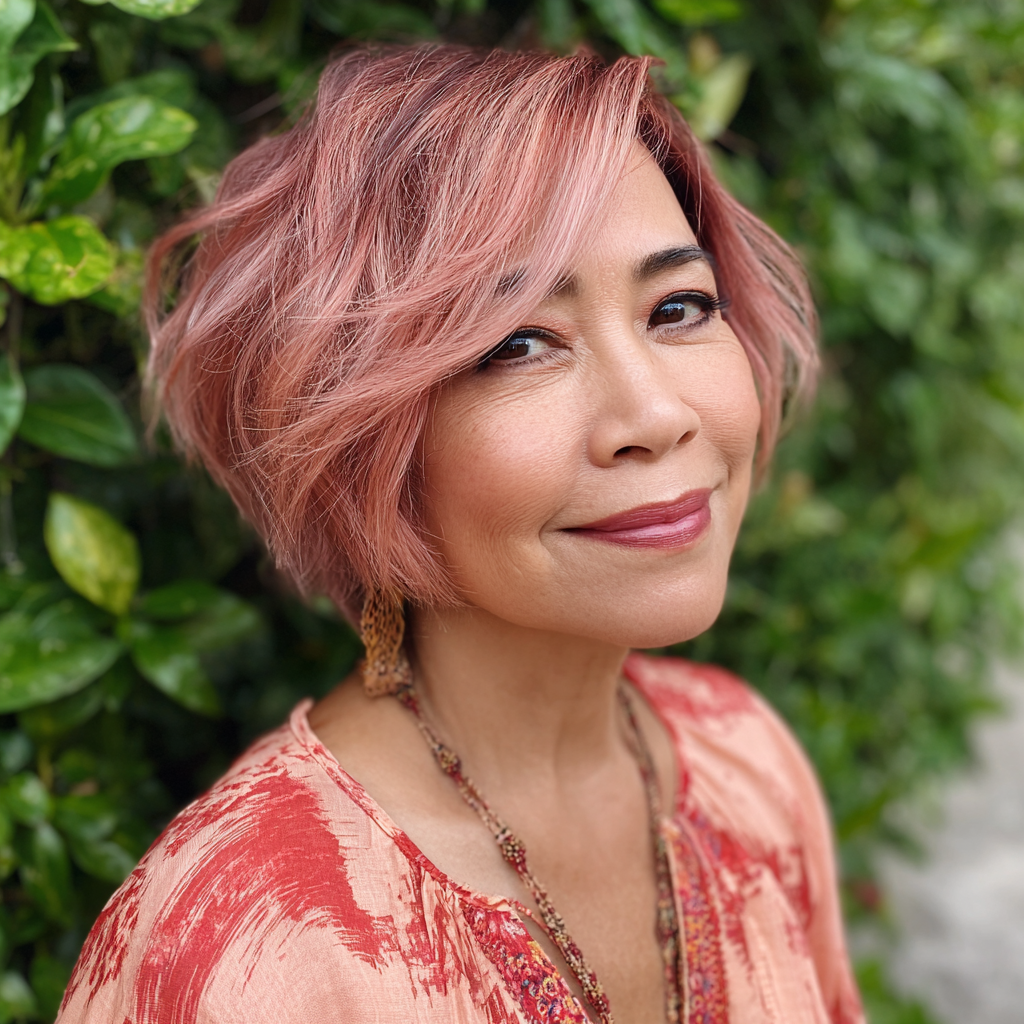Chic Textured Bob with Subtle Rose Tones