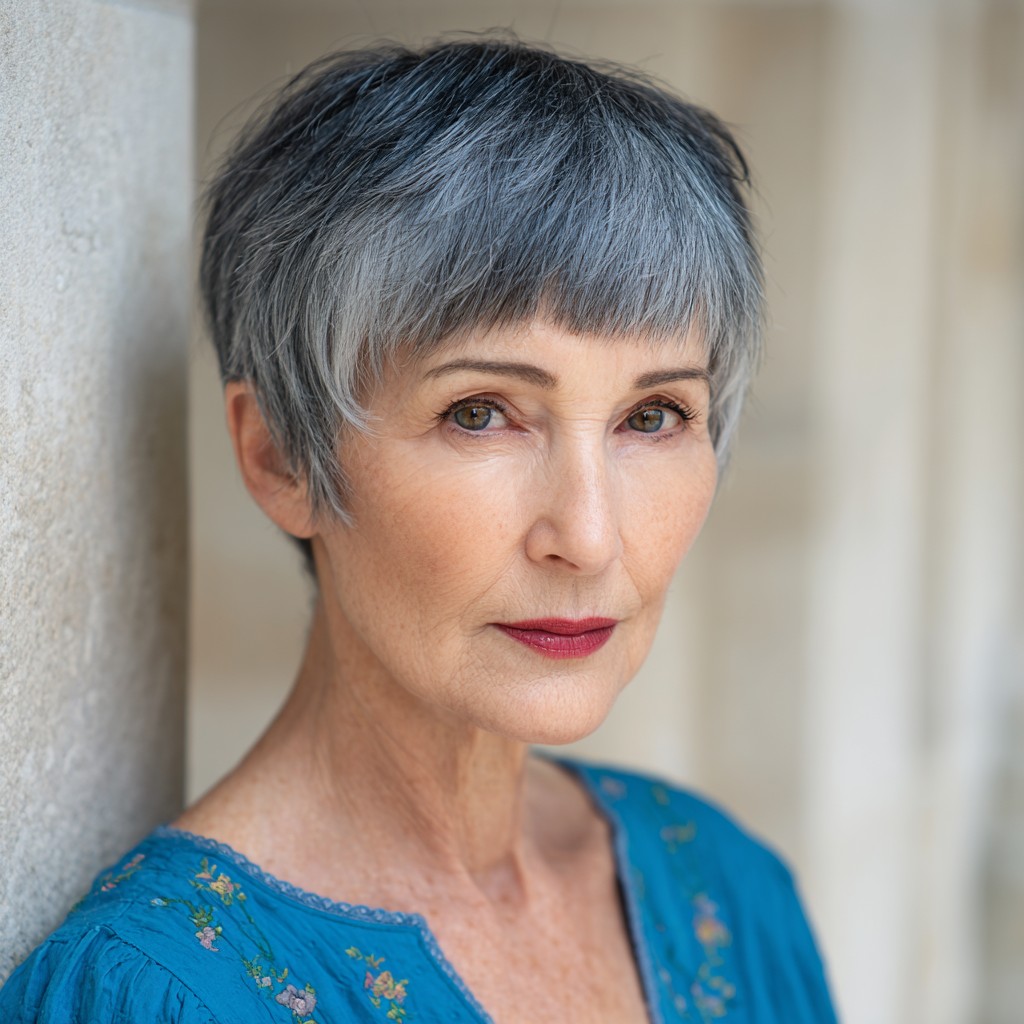 Chic Textured Silver Pixie Cut with Soft Fringe