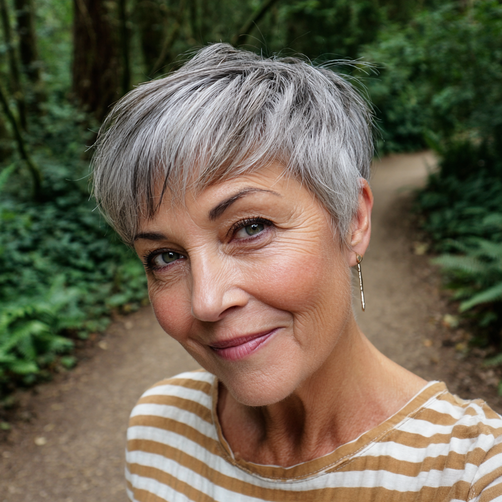 Chic Textured Silver Pixie with Layered Volume