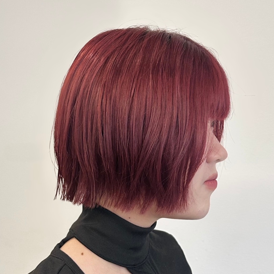 Choppy Burgundy Bob with Wispy Bangs