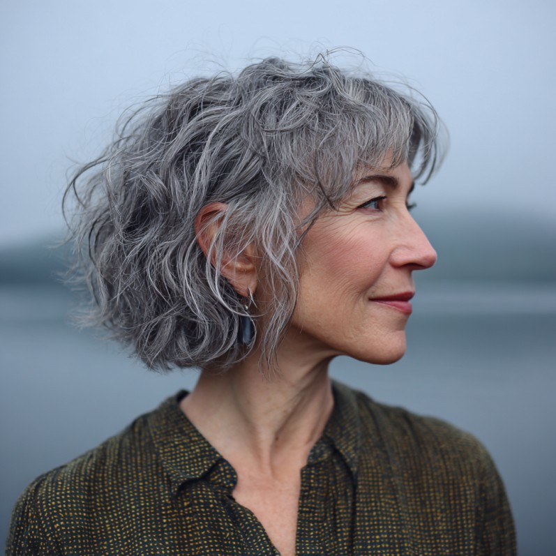 Choppy Silver Textured Bob with Soft Bangs