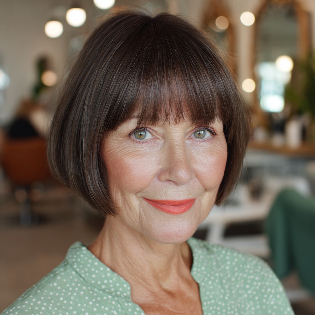 Classic Short Brown Bob with Soft Fringe