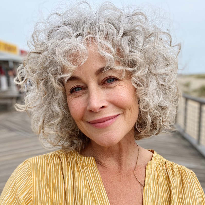 Curly Silver Bob with Soft Bangs