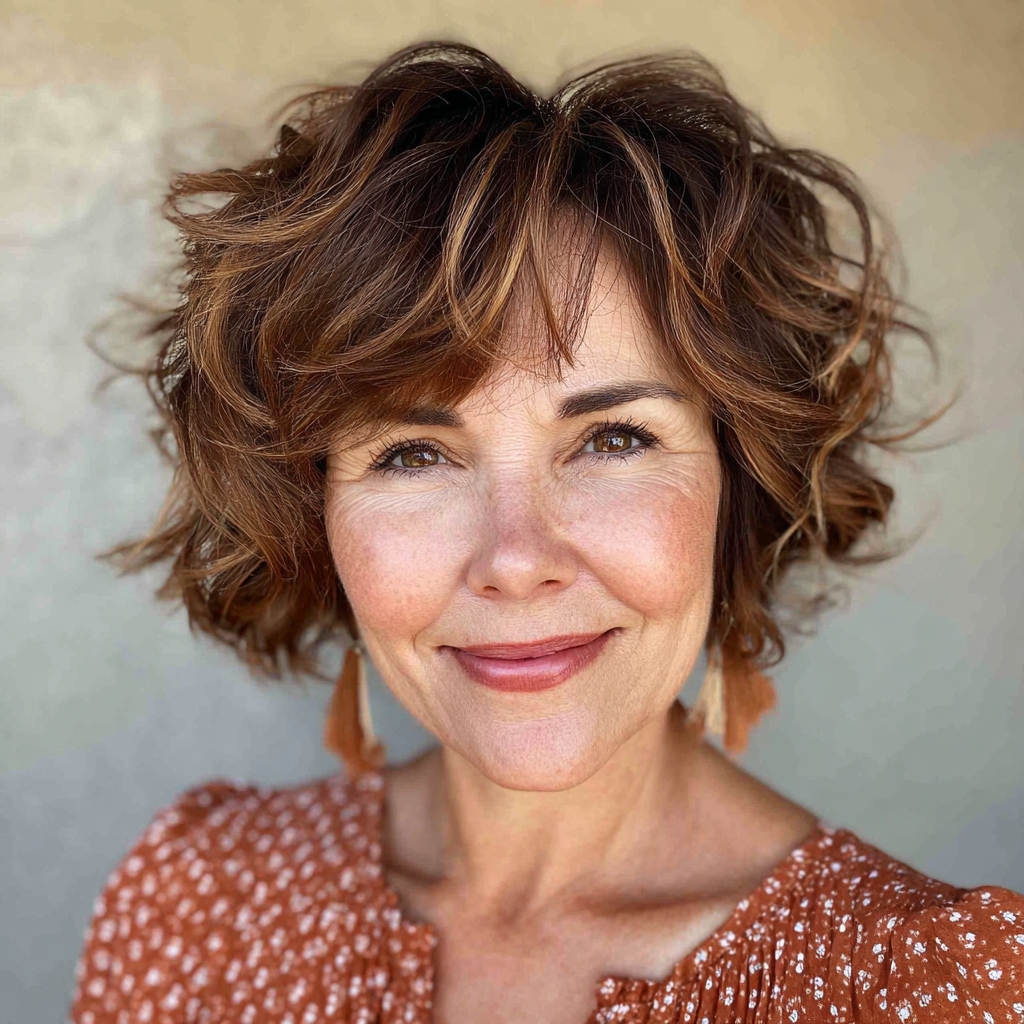 Effortlessly Tousled Curly Bob with Subtle Highlights