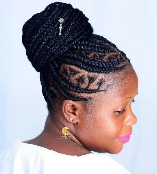 Elegant High Bun Ghana Braids with Intricate Detailing