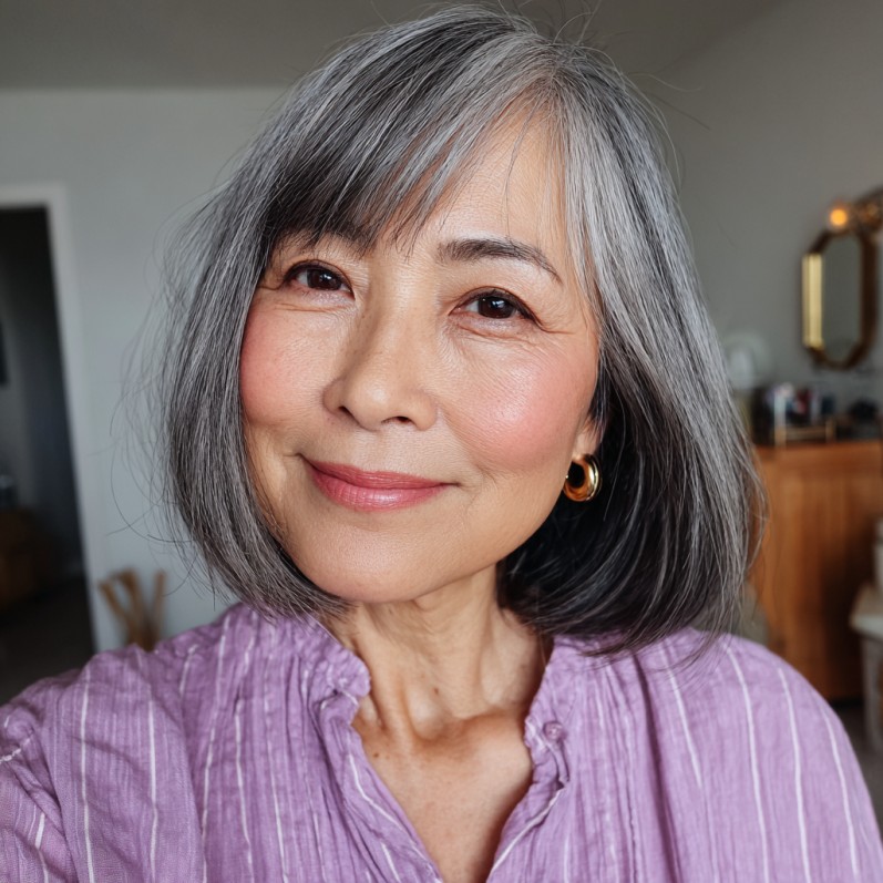 Elegant Silver Blunt Cut with Soft Face-Framing Layers