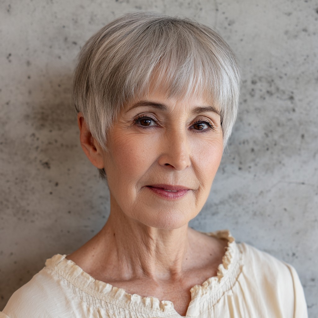 Modern Silvery Pixie Cut with Textured Fringes