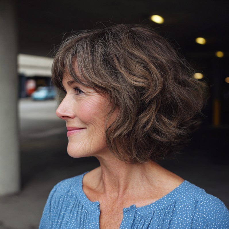Softly Curled Layered Bob with Feathered Bangs