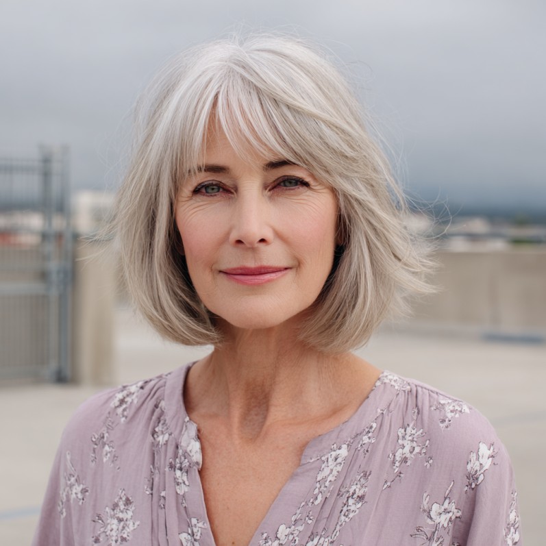 Softly Layered Ash Gray Bob with Subtle Bangs