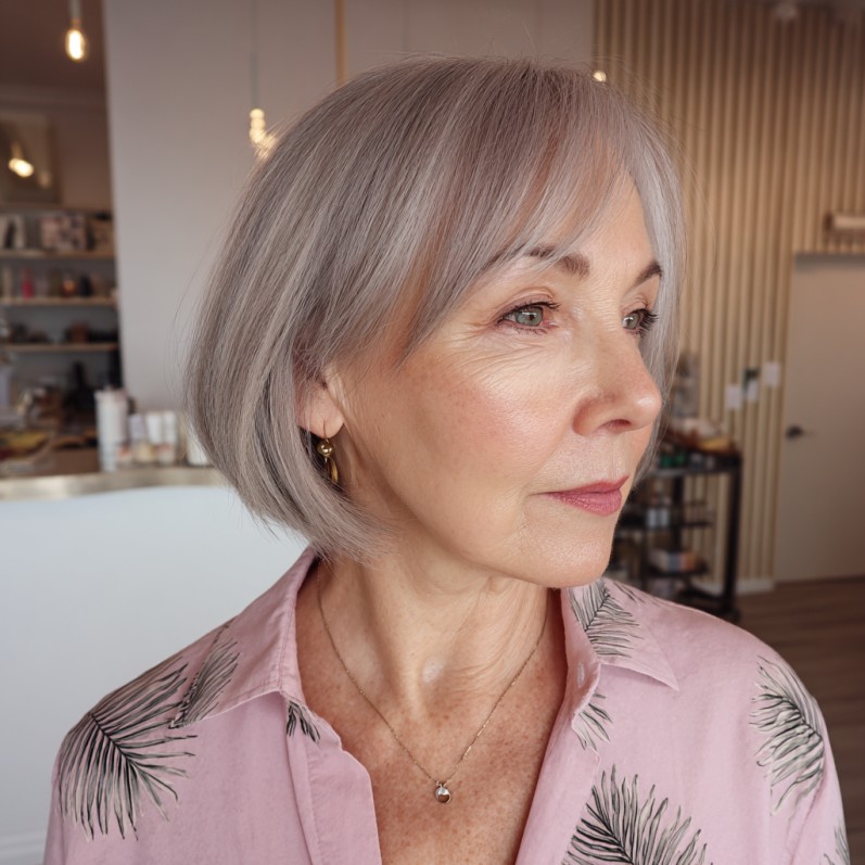 Softly Textured Silver Bob with Blunt Bangs