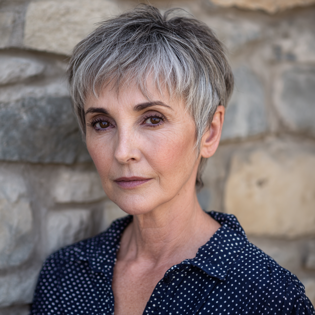 softly textured silver pixie with effortless movement