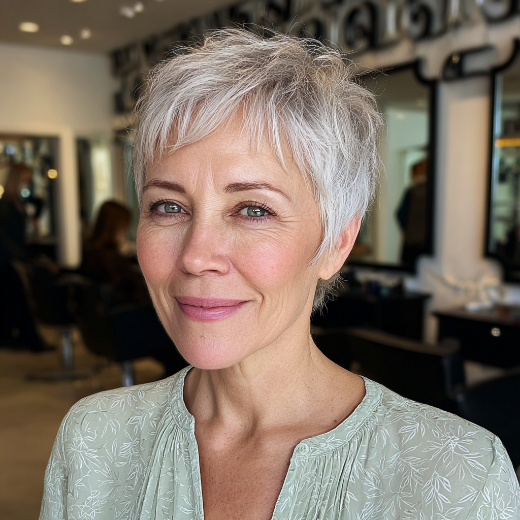 Softly Textured Silver Pixie with Wispy Bangs