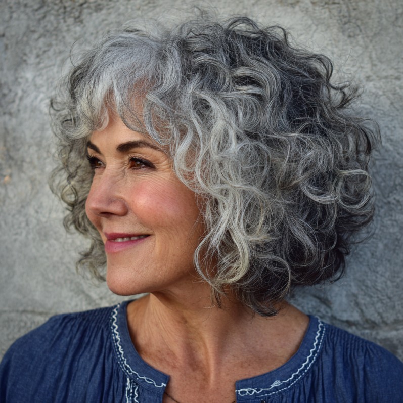 Textured Gray Curly Bob with Soft Bangs