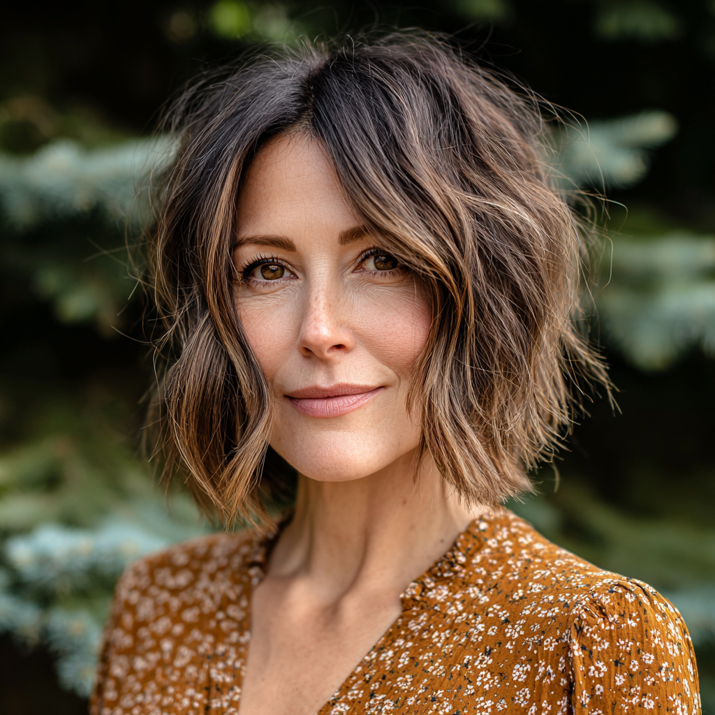 Textured Messy Bob with Warm Highlights