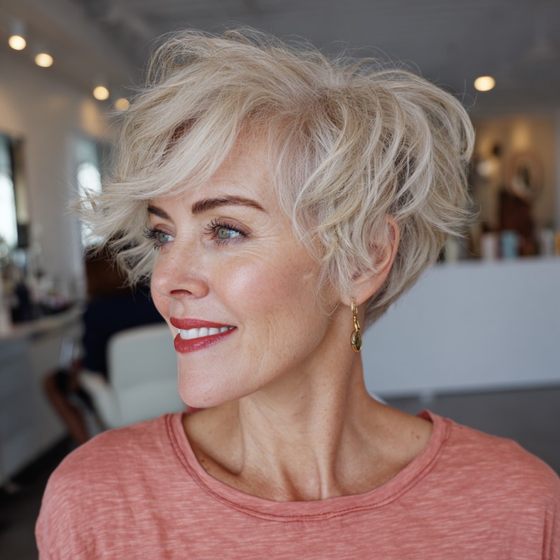 textured short blonde pixie with soft waves
