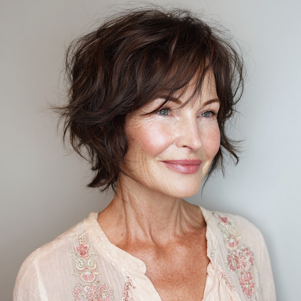 Textured Short Brown Hairstyle with Playful Layers