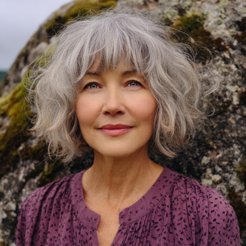 Textured Silver Bob with Curtain Bangs