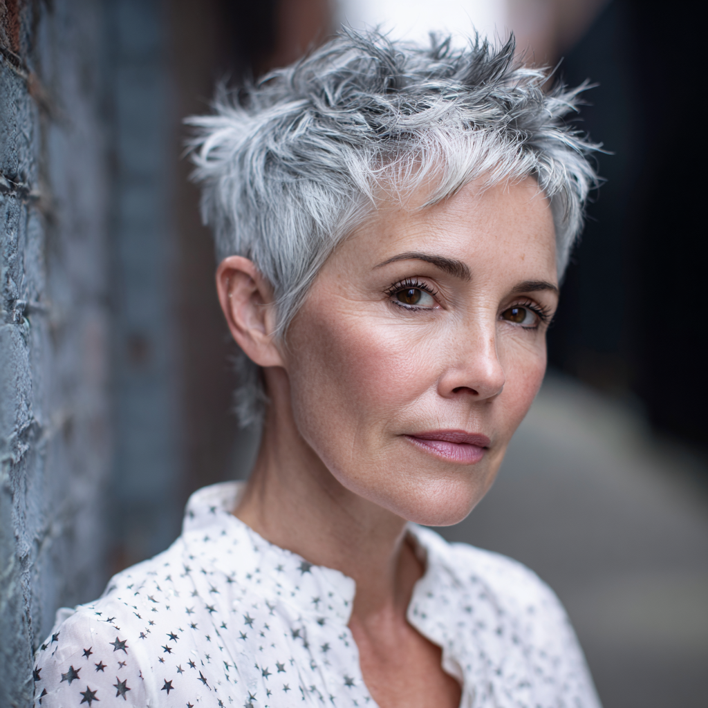 Textured Silver Spiky Pixie Cut with Defined Layers