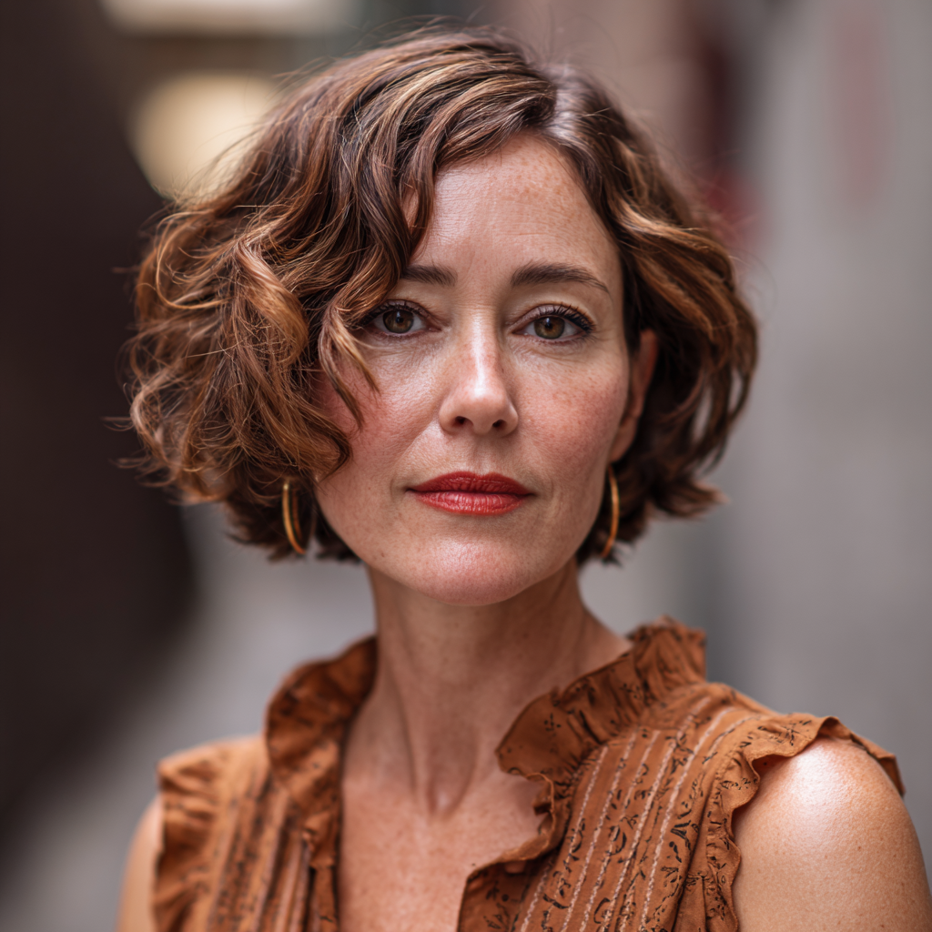 Chic Textured Curly Bob with Subtle Highlights