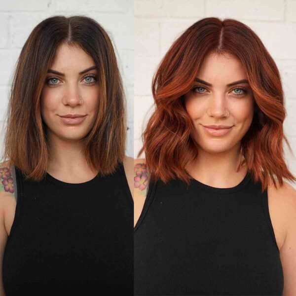 Bold Textured Middle Part Bob with Warm Copper Highlights