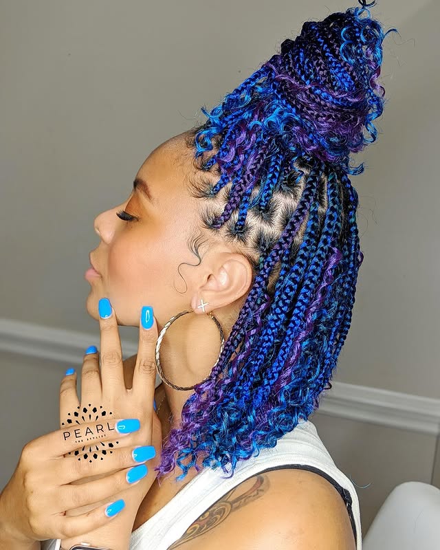 Chic Braided Bun with Vibrant Blue and Purple Accents