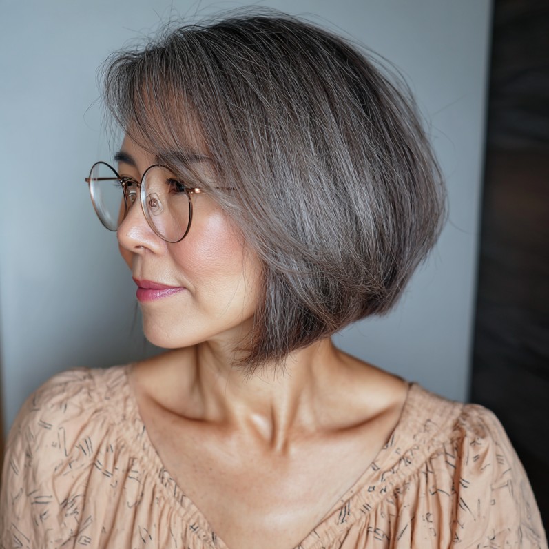chic layered asymmetrical bob with soft grey tones