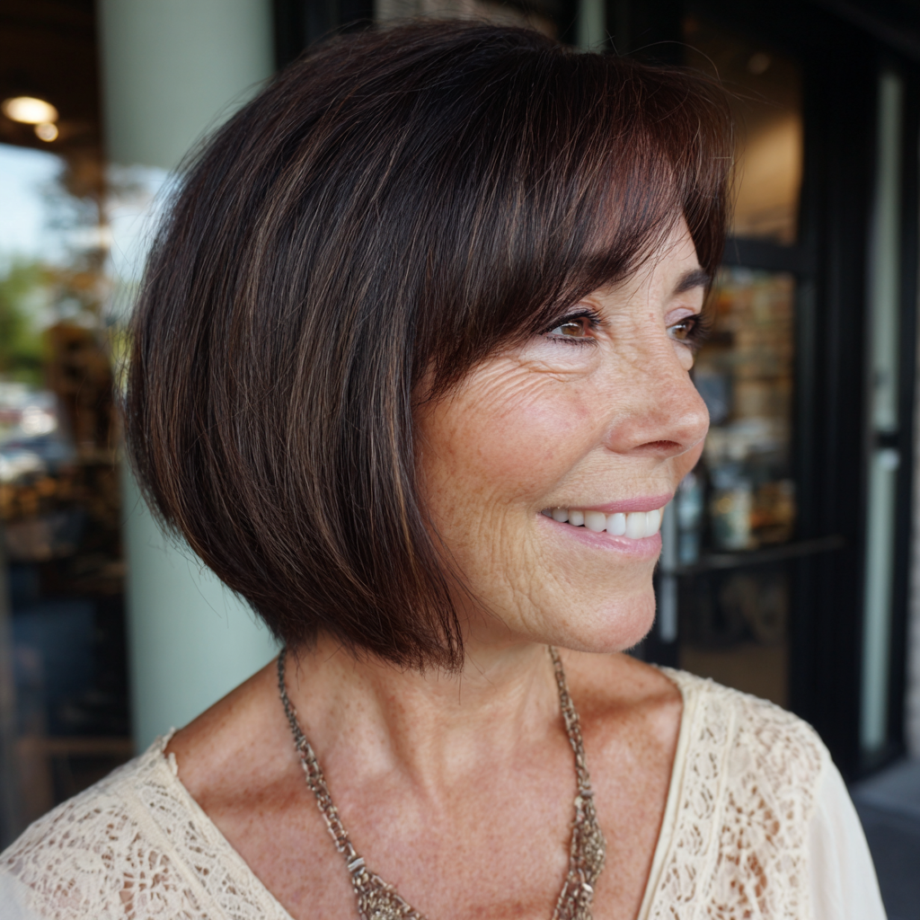 Chic One-Length Dark Brown Bob with Soft Fringe