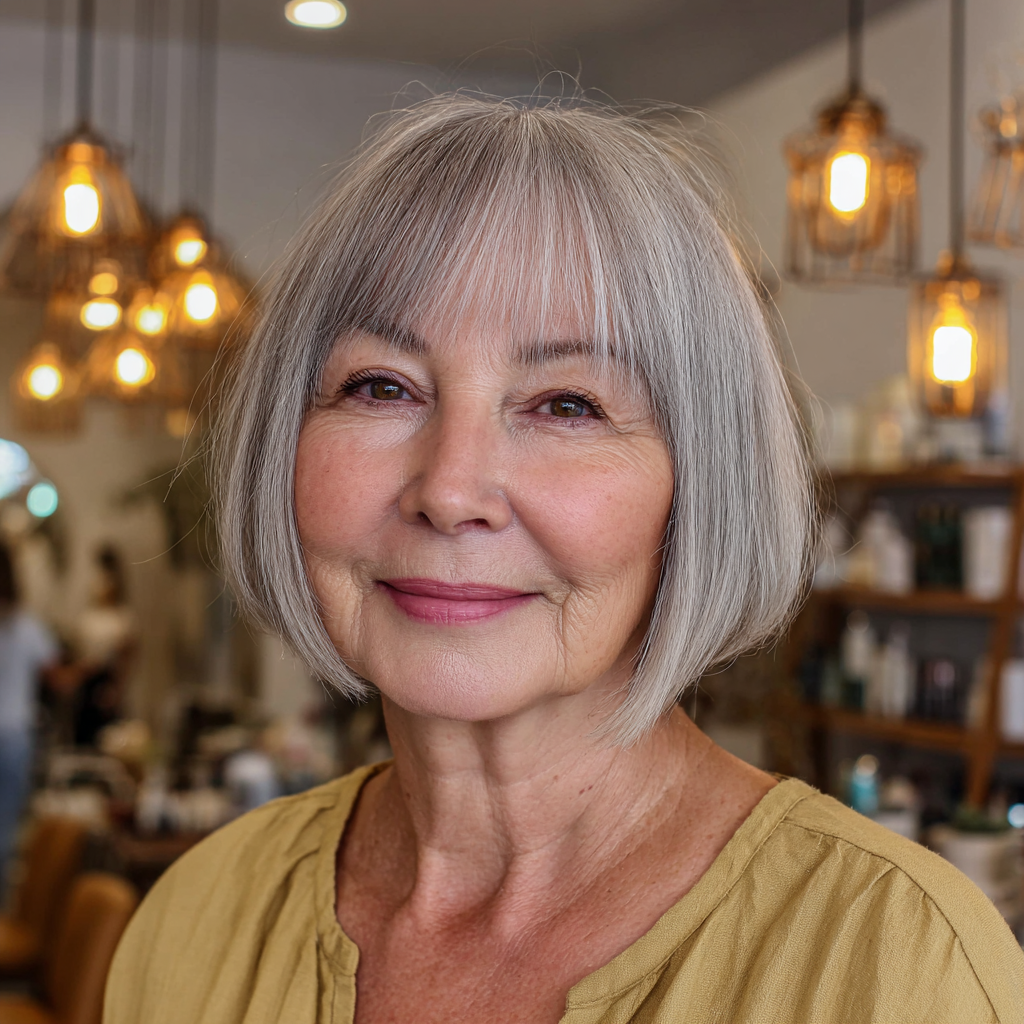 Chic One-Length Silver Bob with Soft Fringe