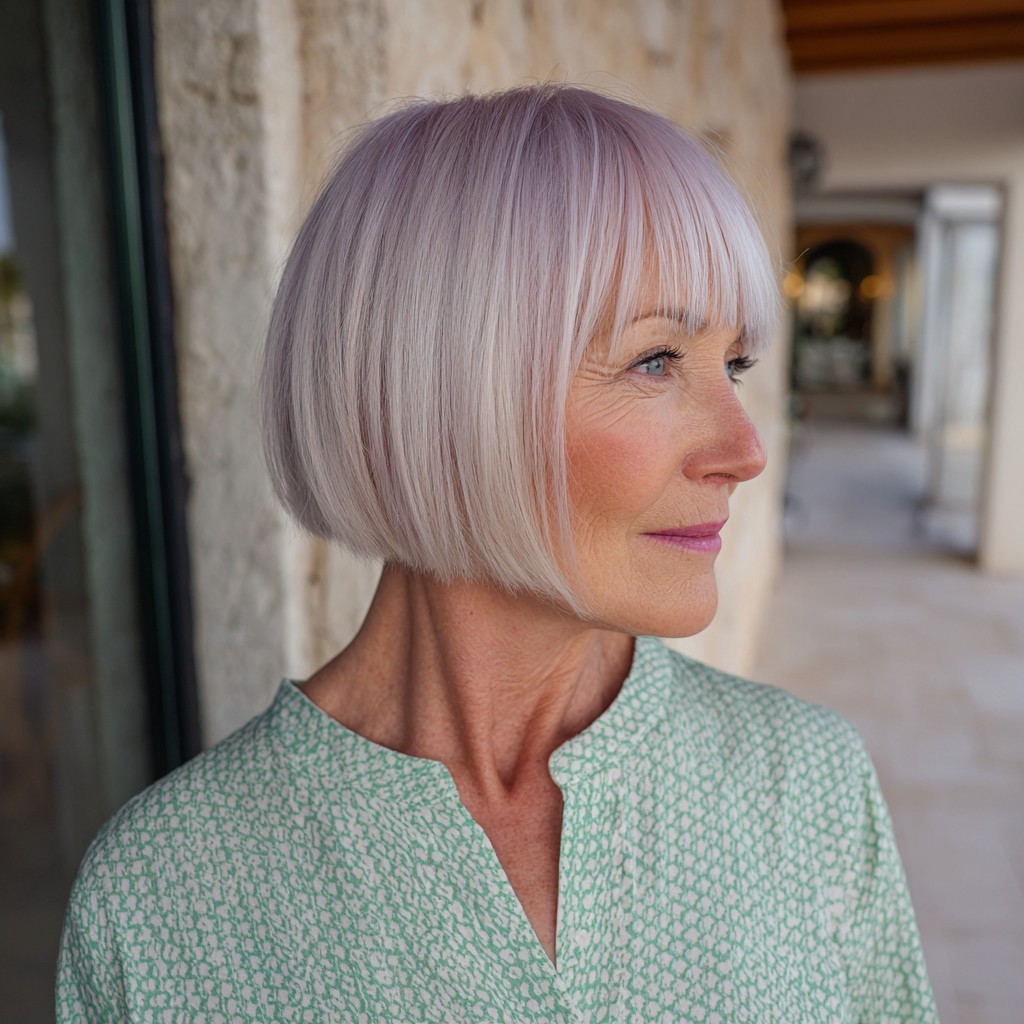 Chic Pastel Lavender Blunt Bob with Soft Bangs