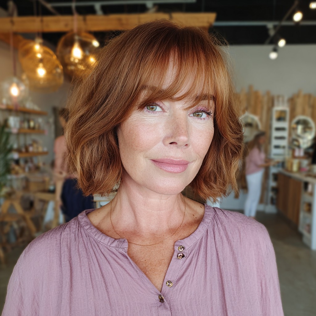 Chic Softly Textured Copper Bob with Wispy Bangs