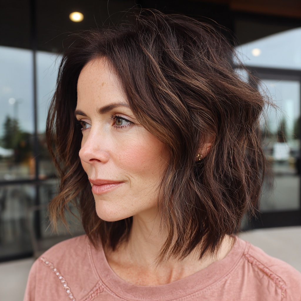 Chic Textured Bob with Warm Chestnut Highlights