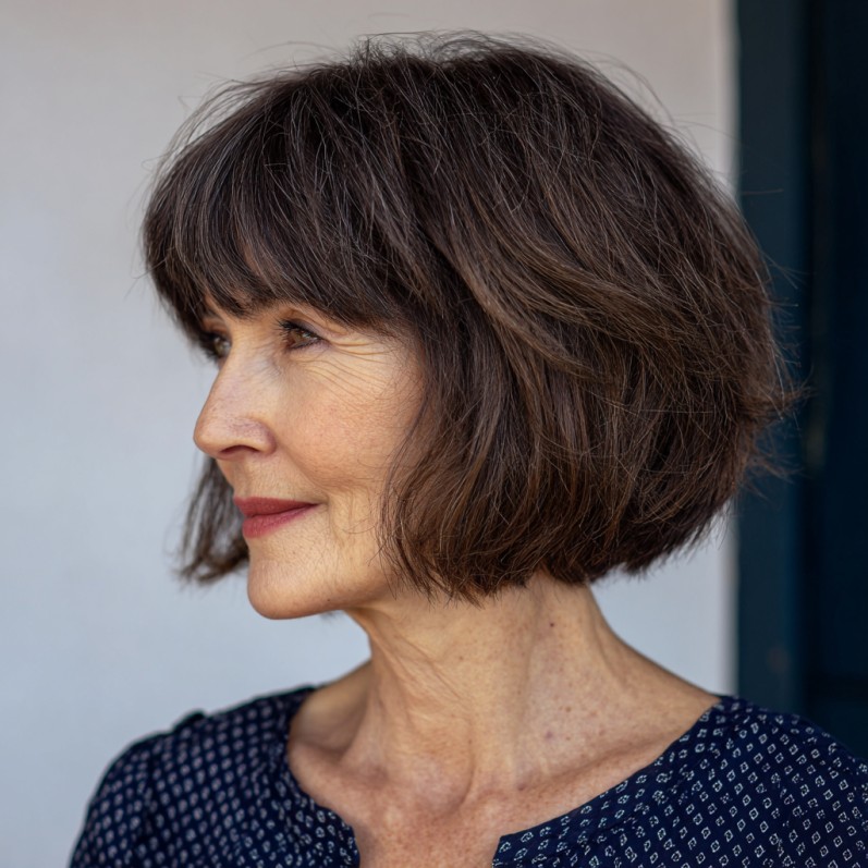 Chic Textured Brunette Bob with Soft Fringe
