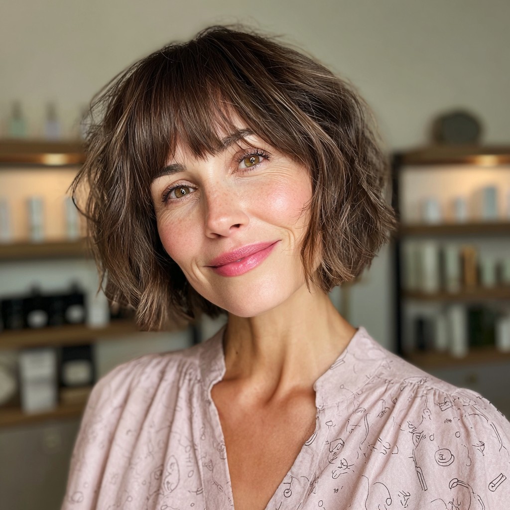 Chic Textured Frayed Bob with Playful Bangs
