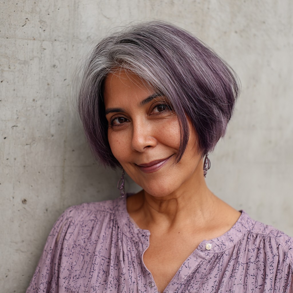 Chic Textured Mushroom Bob with Subtle Lavender Highlights