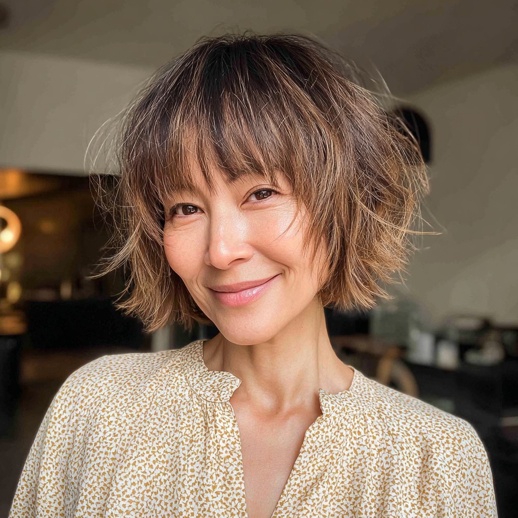 Choppy Textured Frayed Bob with Soft Bangs