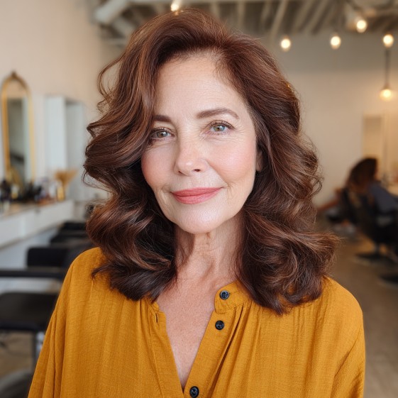 Elegant Soft Waves with Rich Chestnut Color