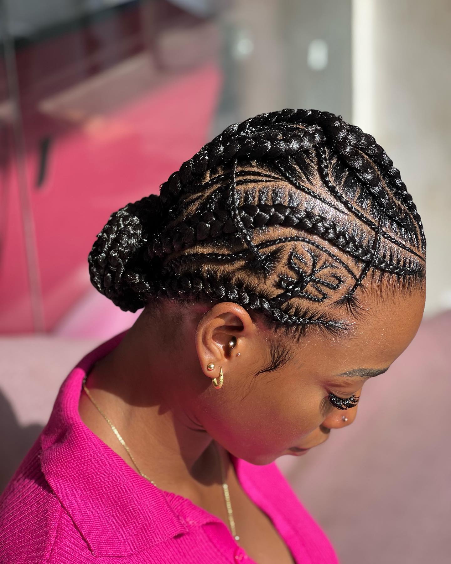 Intricate Braided Bun with Geometric Design