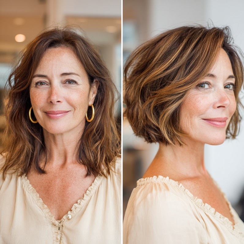 Modern Textured Feathered Bob with Warm Highlights