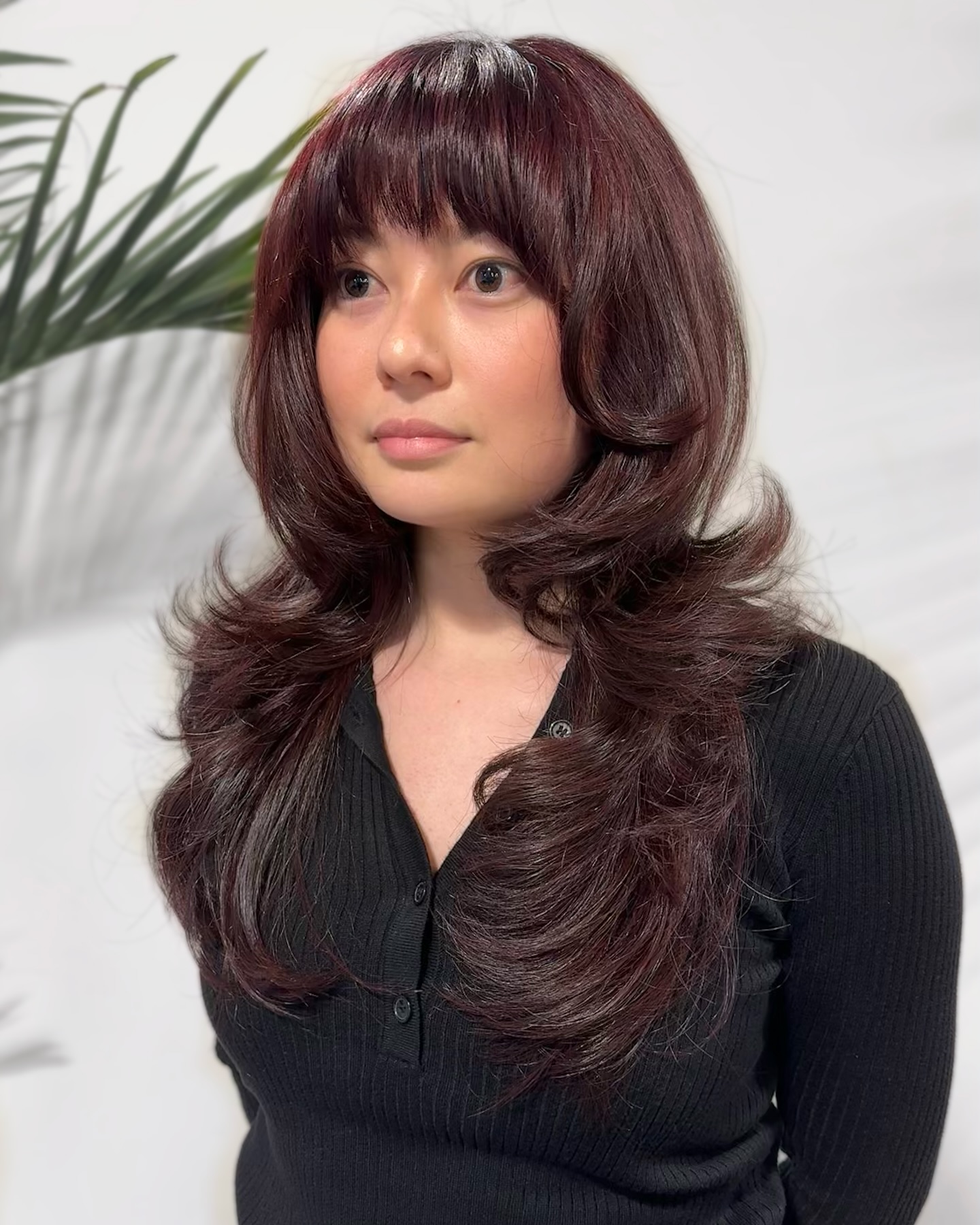 Rich Burgundy Long Layers with Soft Bangs
