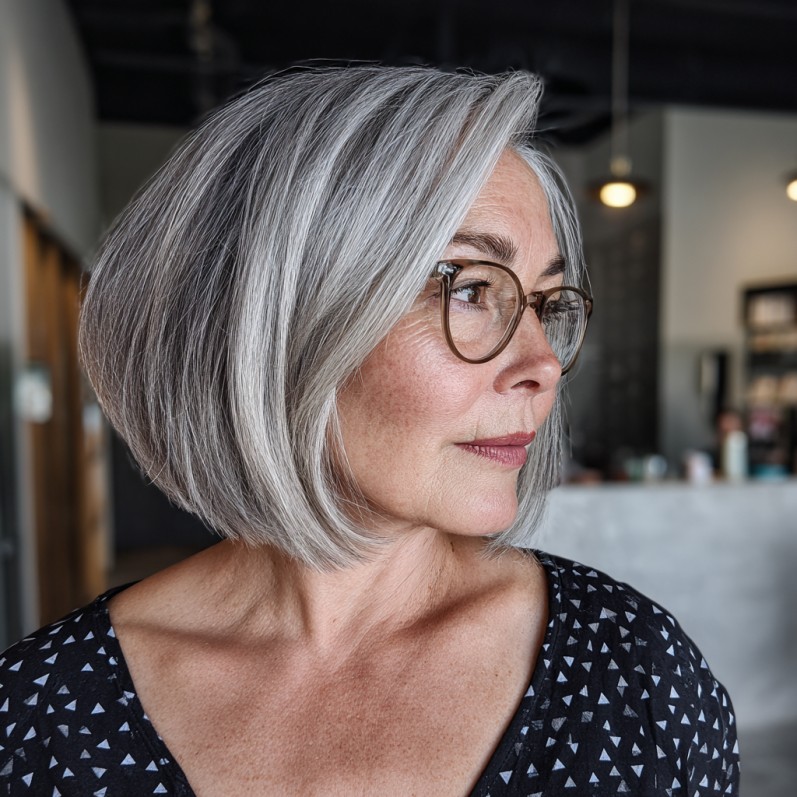 Sleek Silver Stacked Bob with Soft Layers