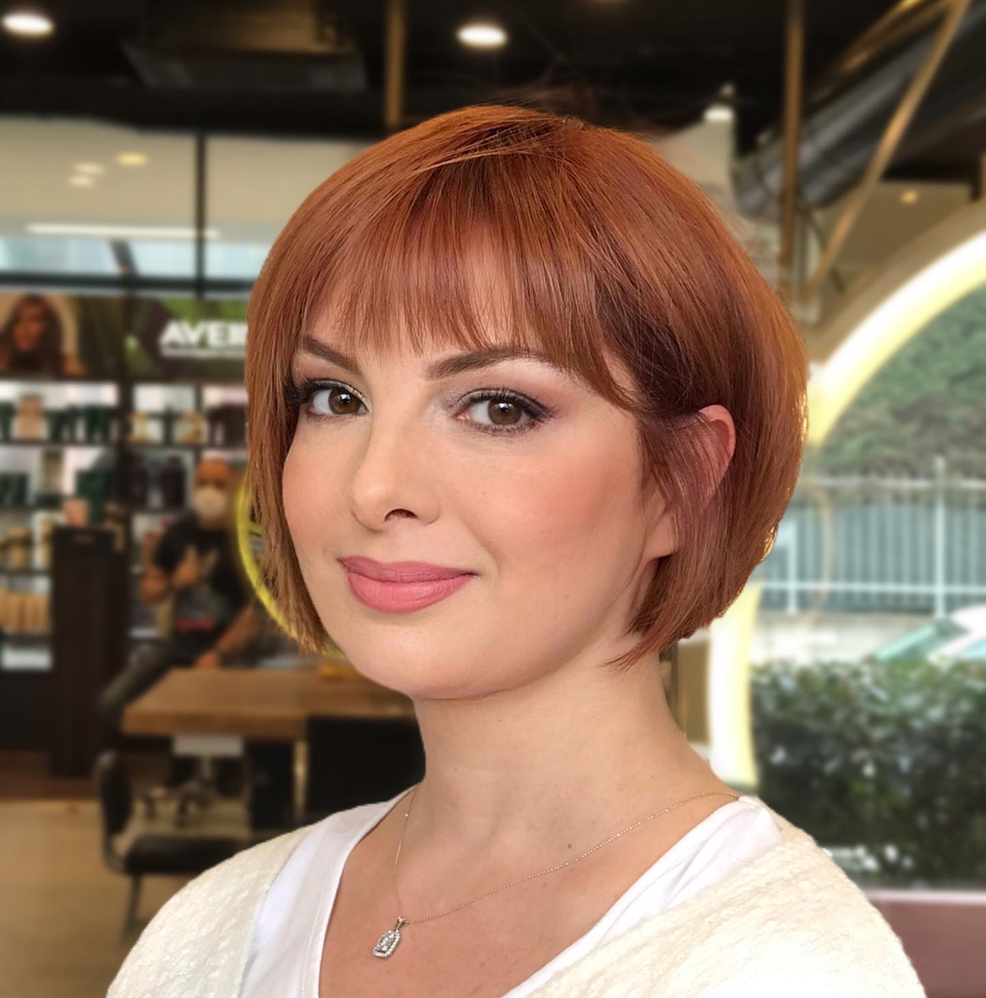 Soft Copper Bob with Blunt Bangs