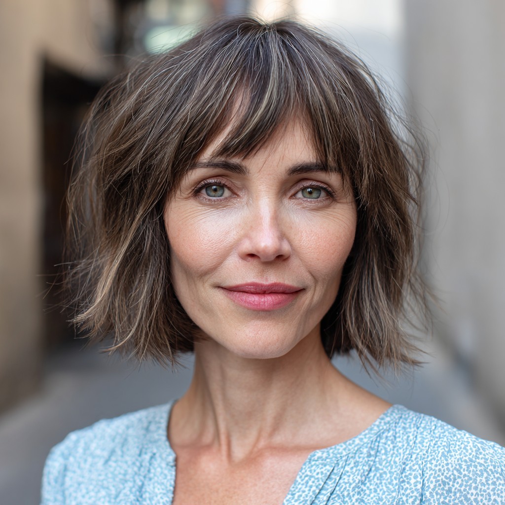 Softly Textured Frayed Bob with Wispy Bangs