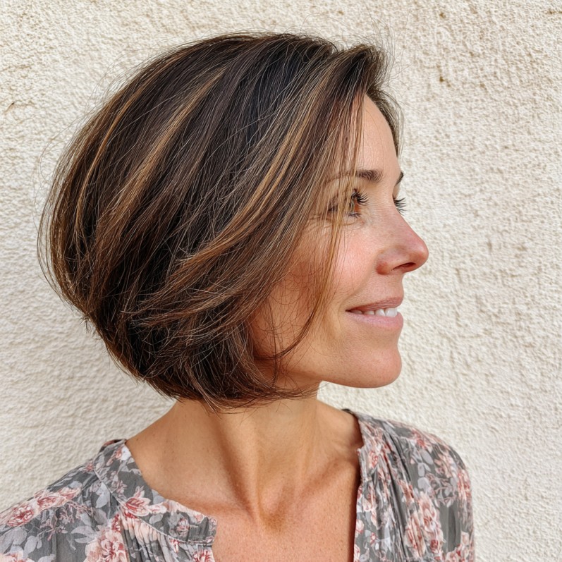 Textured Feathered Bob with Subtle Caramel Highlights