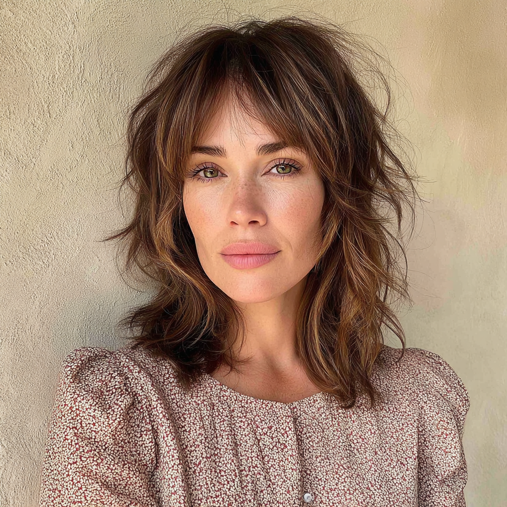 Textured Shoulder-Length Bob with Soft Bangs