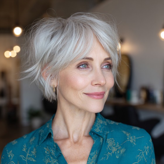 Textured Silver Feathered Pixie Cut