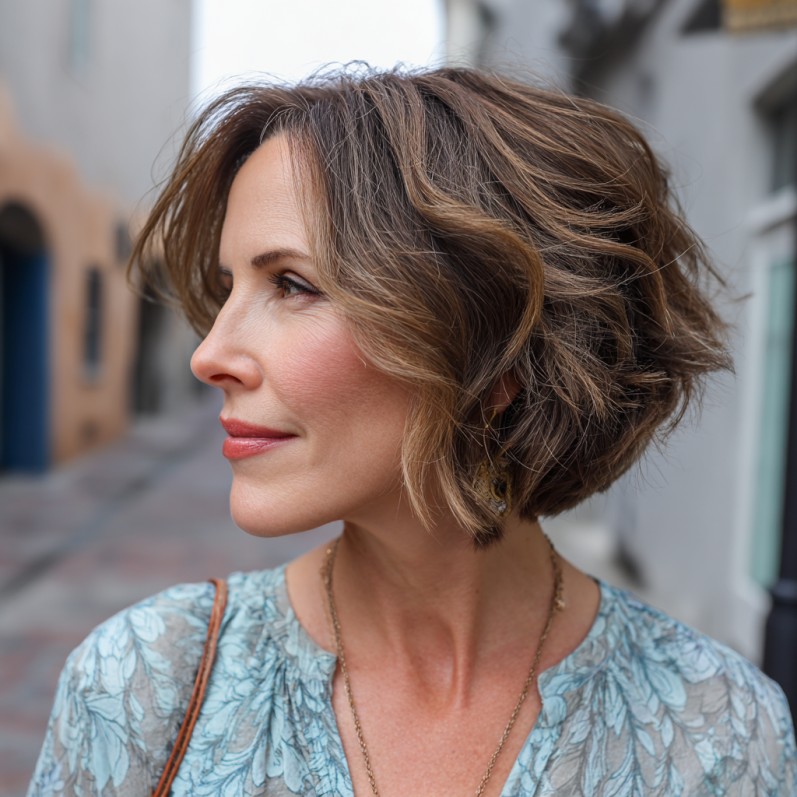 Textured Wavy Bob with Caramel Highlights