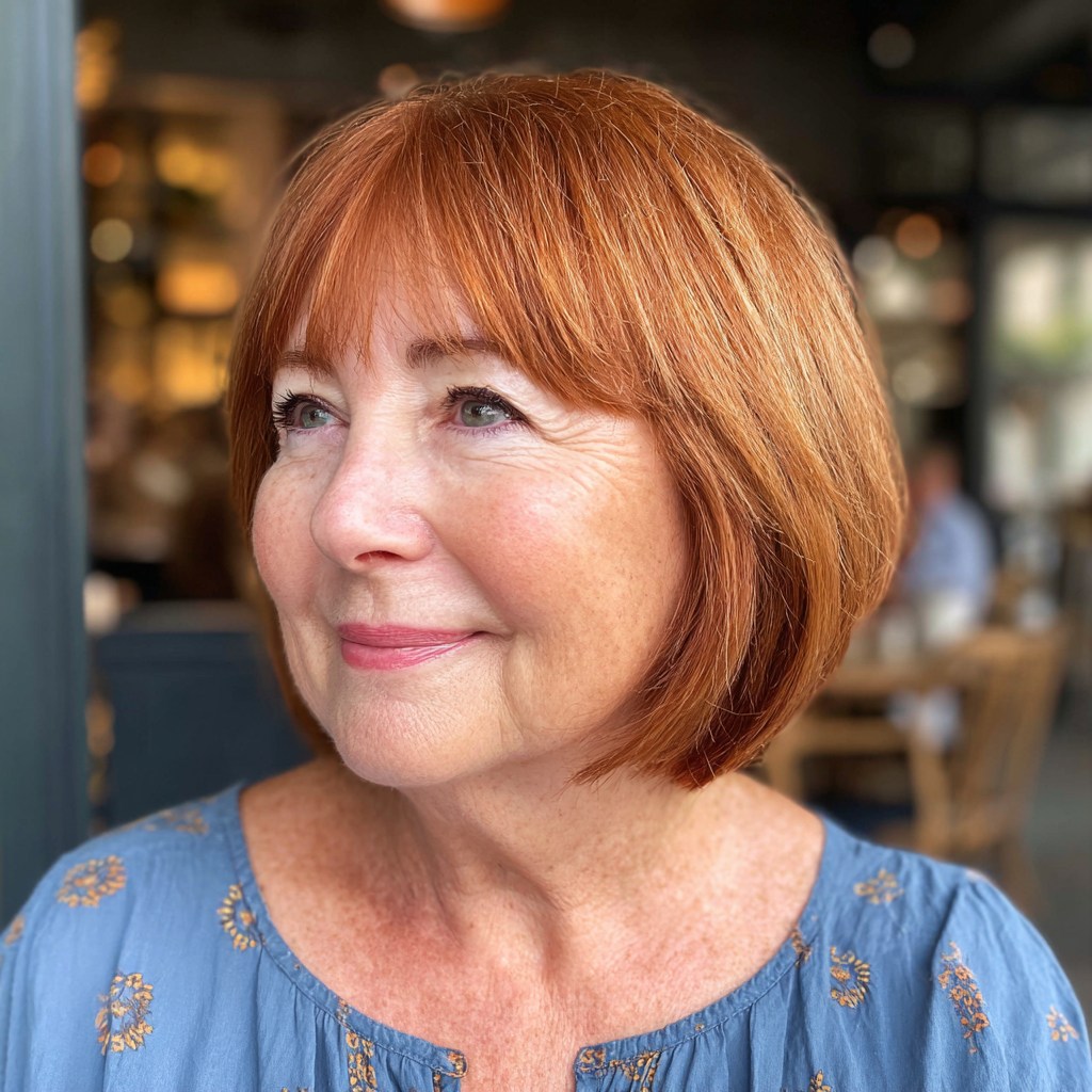 vibrant one length bob with soft fringe