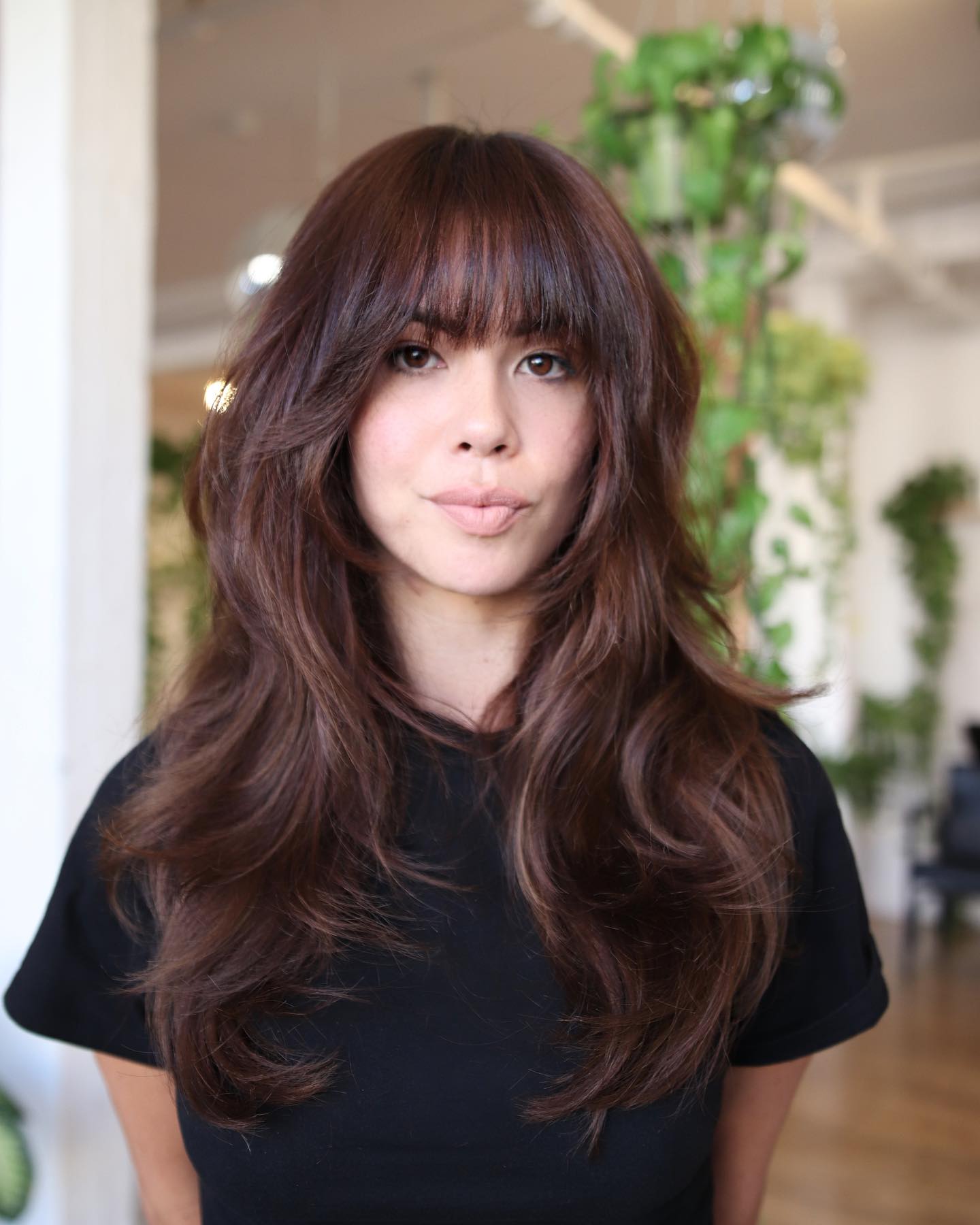 Warm Chestnut Long Layers with Soft Bangs