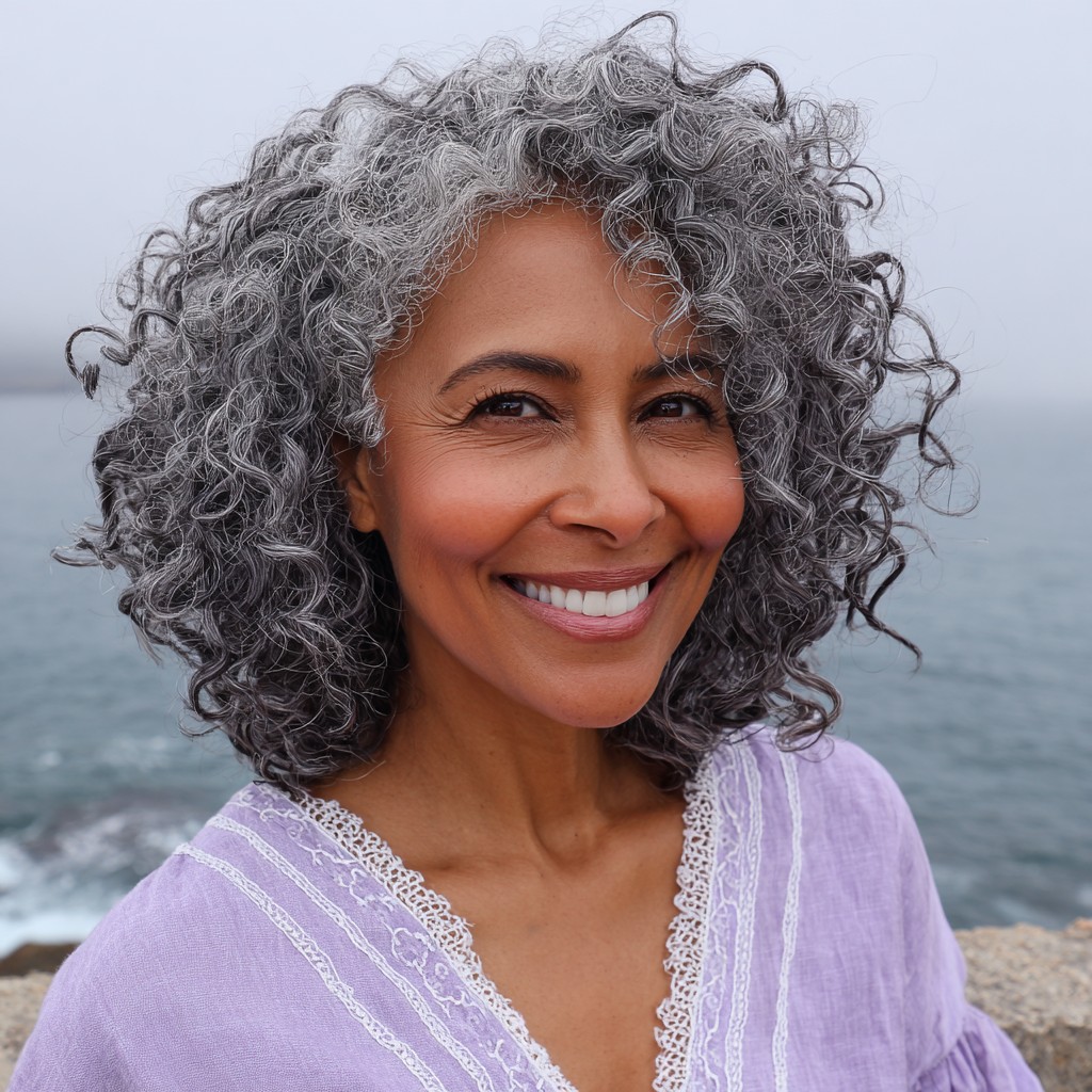 Charming Curly Gray Midi Bob with Soft Texture