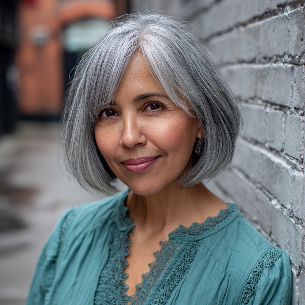 Chic Blunt Grey Bob with Soft Texture
